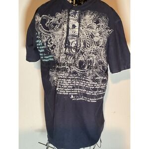 Modern Culture Mens Blue Henley Shirt Large Graphic Print Short Sleeve Cotton